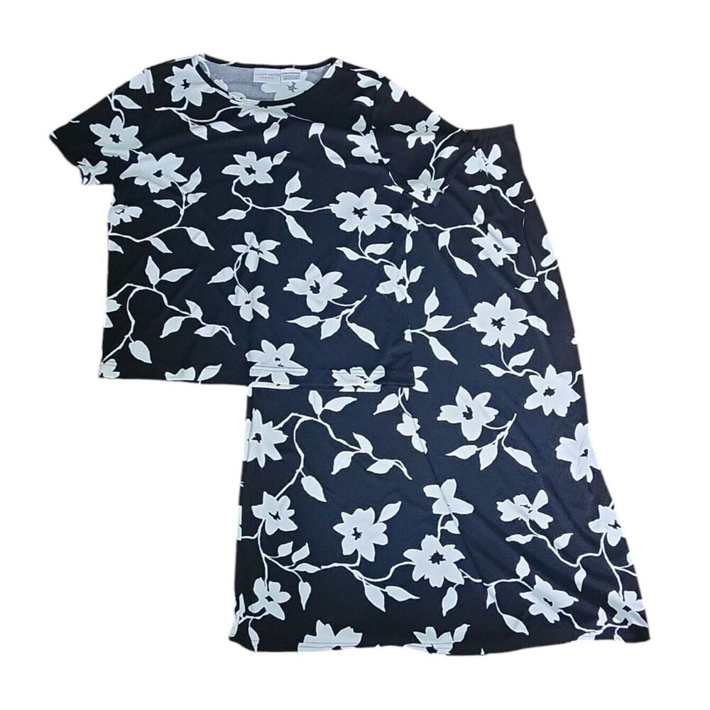 Jaclyn Smith Outfit Womens Size XL Classic Black White Floral 2 Piece‎ Skirt Top